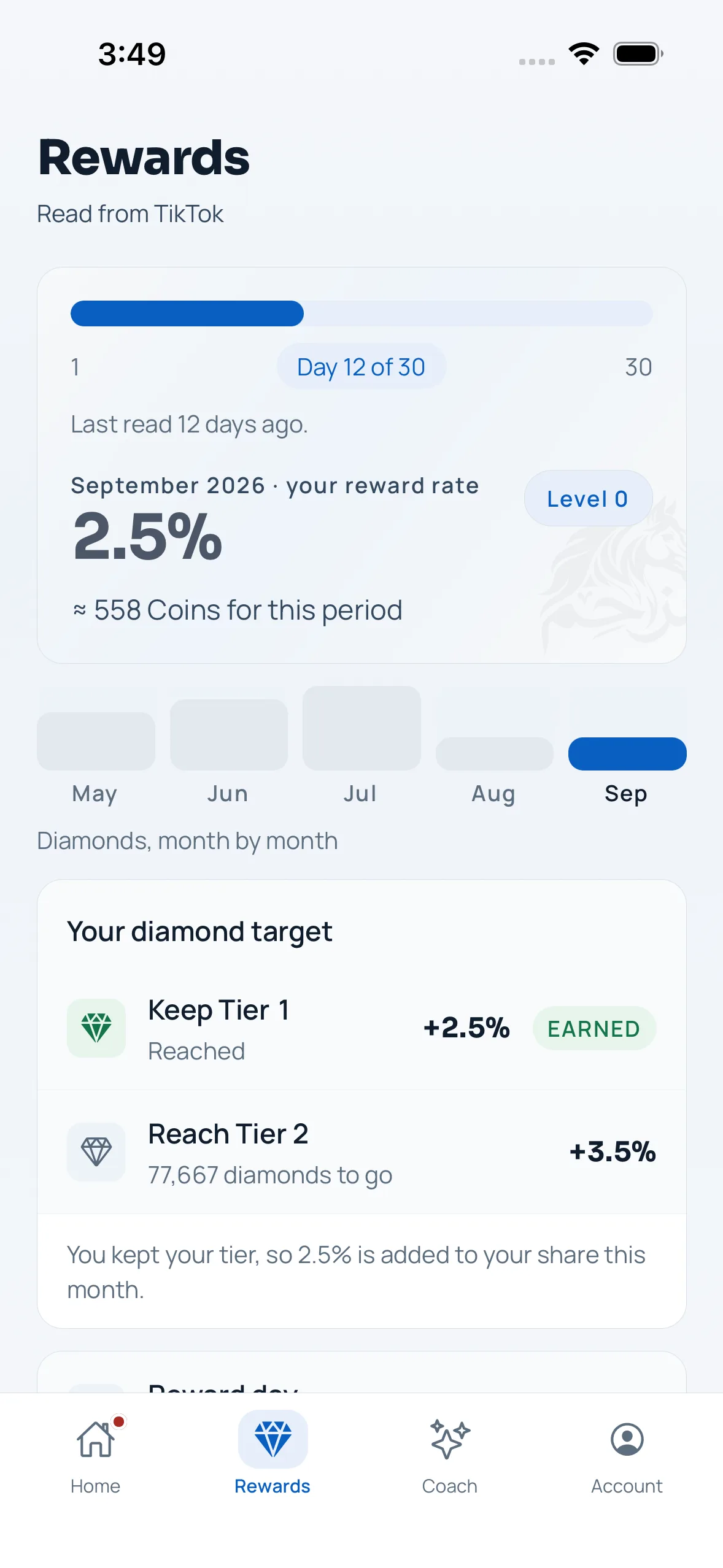 Muzahim creator Rewards in light mode, showing the same creator reward information and agency targets.